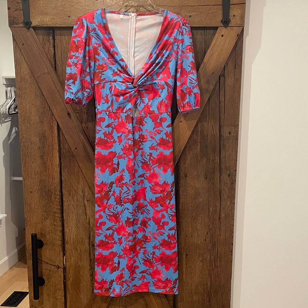 Woman’s Size Small Blue & Red Floral Print Midi Dress